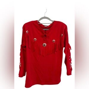 Vintage 80s Western Vibrant Red Women’s Long Sleeve Fringe Top. Size M